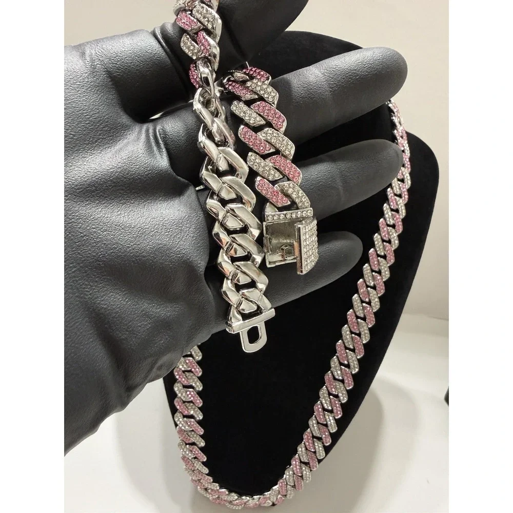 pink iced out cuban necklace & bracelet, you get both, sizes 24 & 8 Inch, 14mm